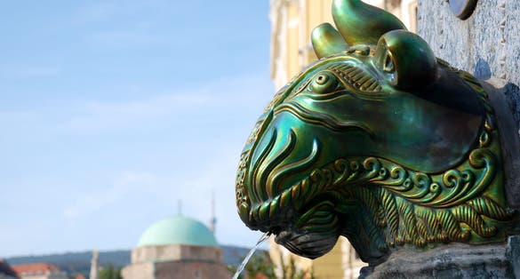 photo of view of Detail of Zsolnay eozin fountain in Pecs city, Hungary.