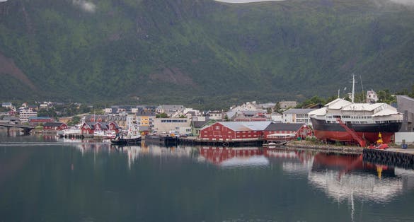 photo of view of The city of Stokmarknes in Nordland county, Norway.