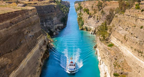 photo of view of Ship passing through Corinth Canal in Greece.