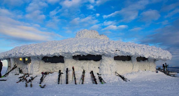 Photo of frozen hut and restaurant in Ylläs Ski Resort in Lapland ,Finland.
