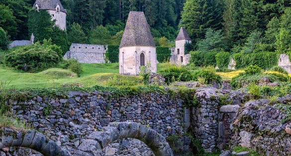 Photo of Žiče Charterhouse, arches in front,Stare Slemene,Slovenia.