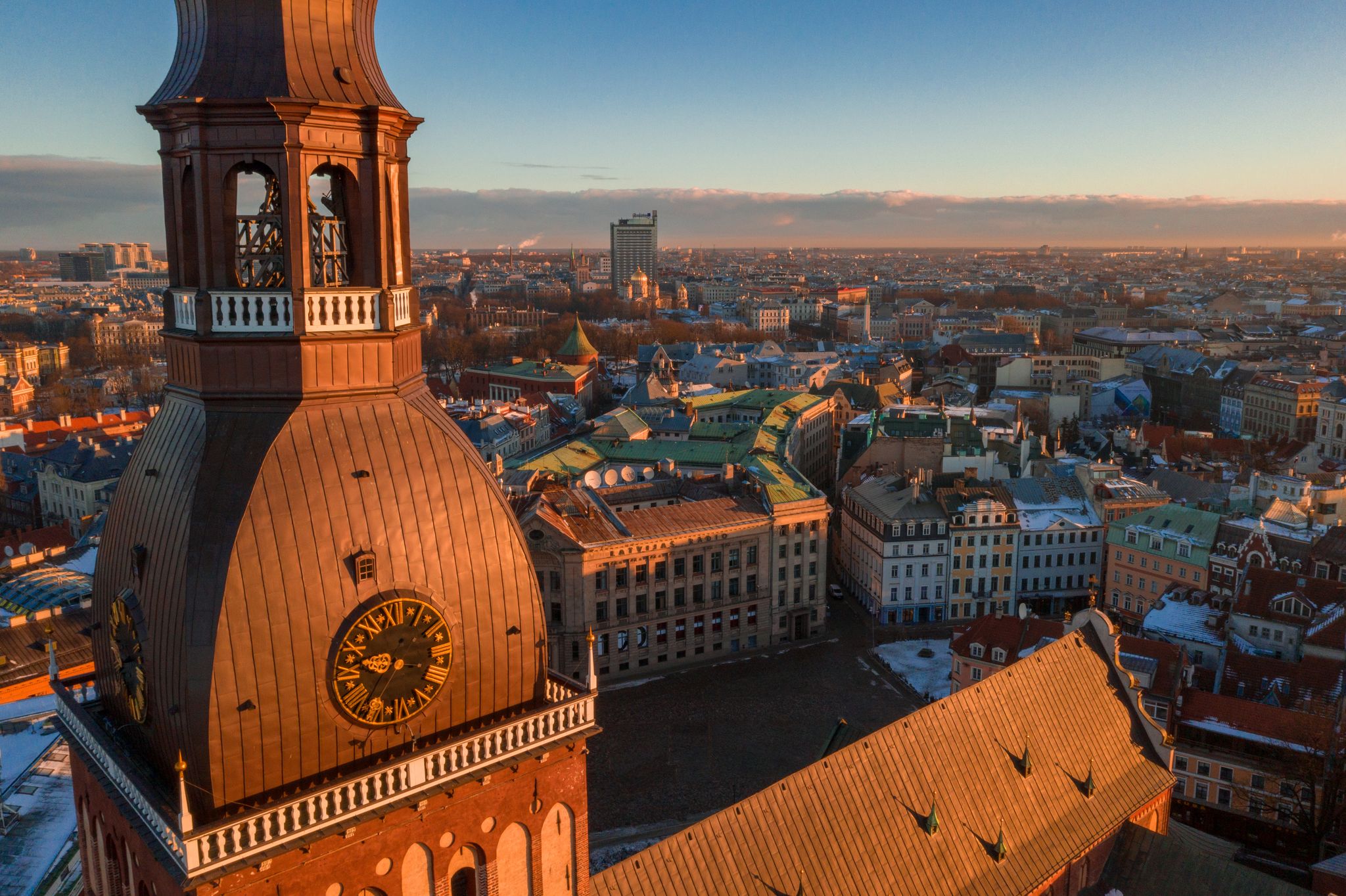 photo of Riga dome cathedral aerial view during sunset time in Riga, Latvia.