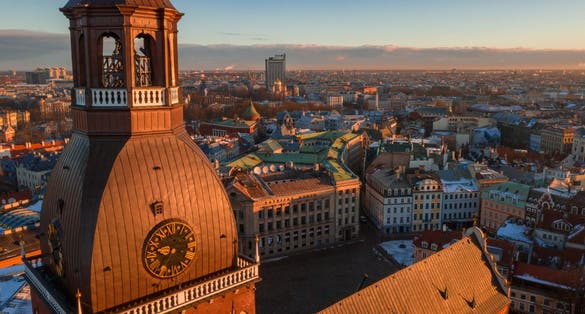 photo of Riga dome cathedral aerial view during sunset time in Riga, Latvia.