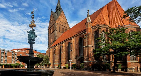 Church on Market place on the Market Square in Hanover in Germany. The church is called Marktkirche. Hannover or Hannover is a city in Lower Saxony of Germany.