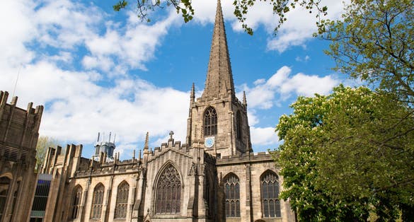 Panoramic view of Sheffield cathedral from Church Street, Sheffield, South Yorkshire, UK on 24 July 2023