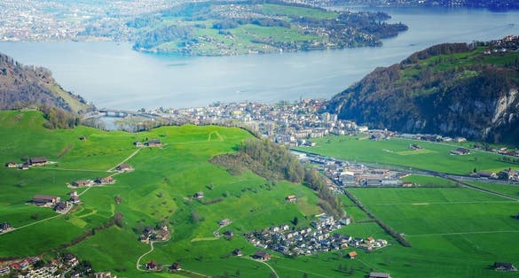 photo of view from Mt. Stanserhorn in Switzerland at the beginning of May. The Stanserhorn is a mountain in the Swiss canton of Nidwalden, it is a popular tourist destination.