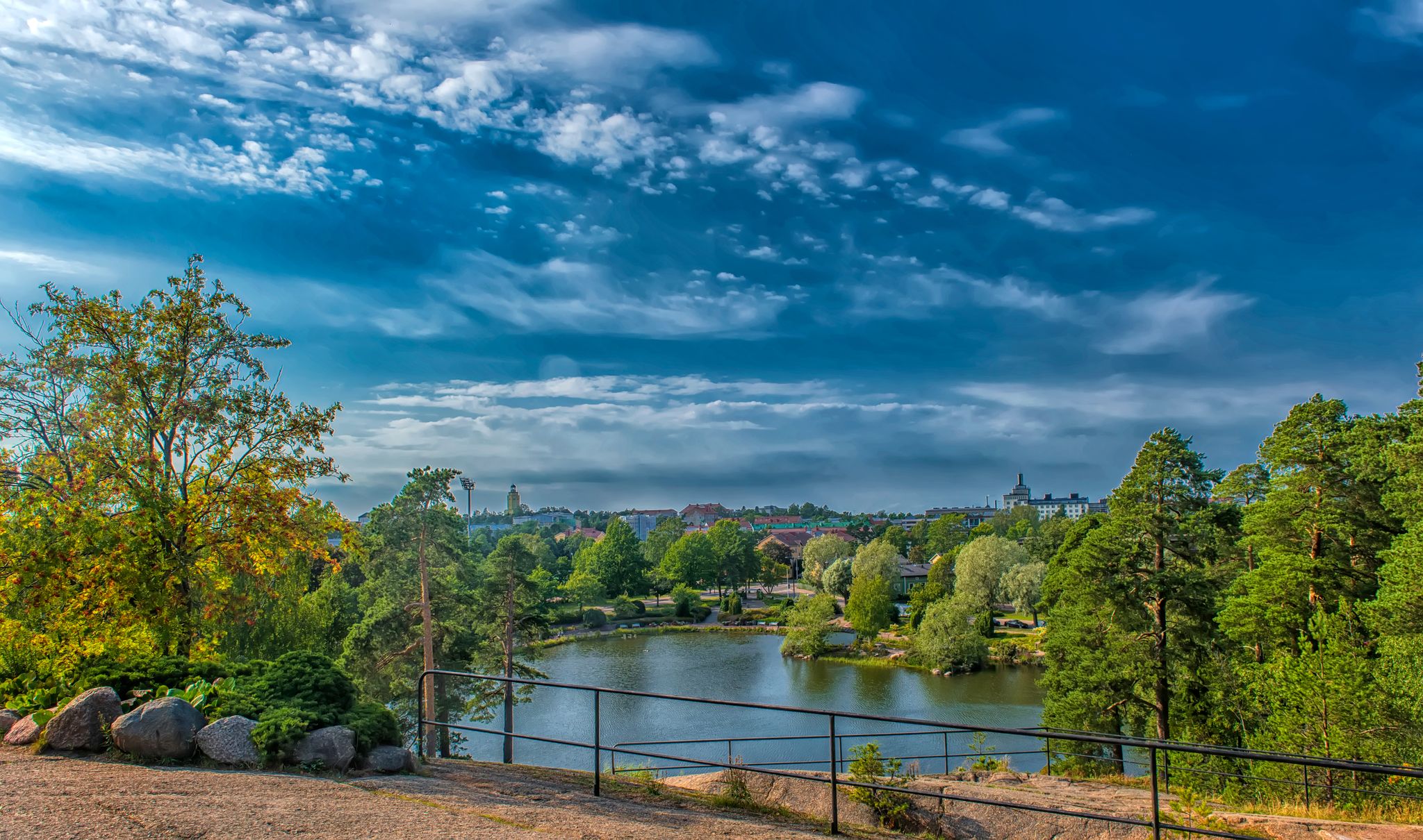 Early autumn morning panorama of the Port of Turku, Finland, with Turku Castle at background.