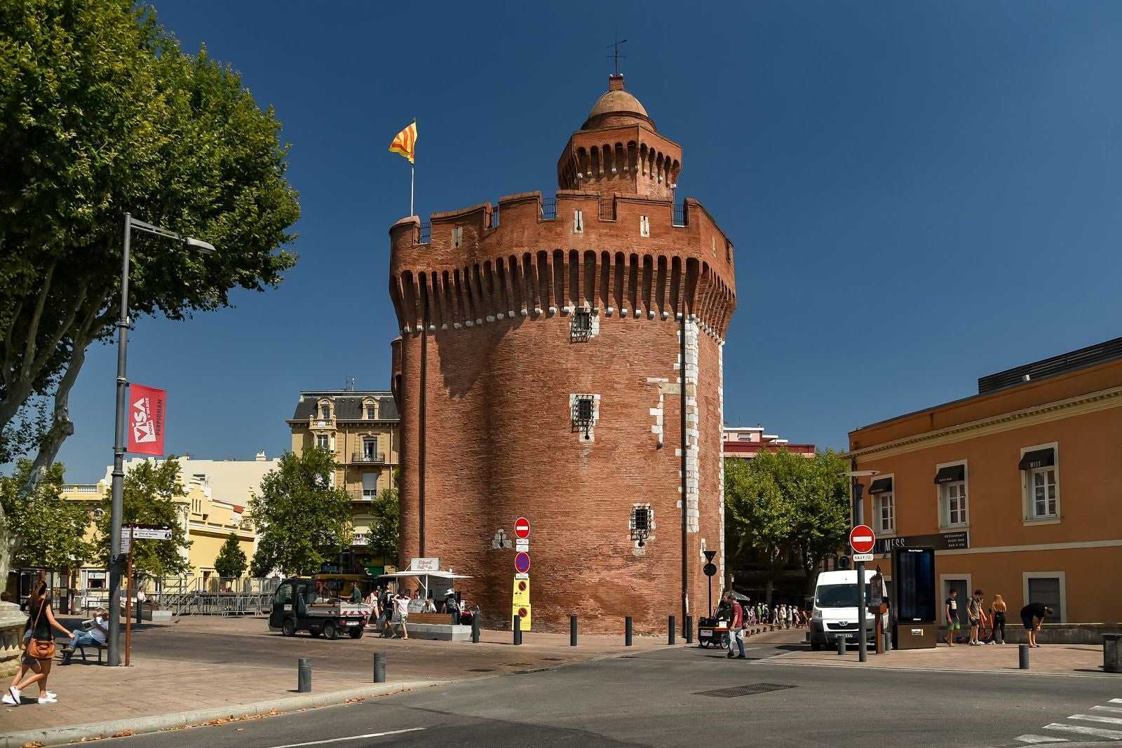 Photo of the Canal and Castle of Perpignan in springtime, Pyrenees-Orientales, France.