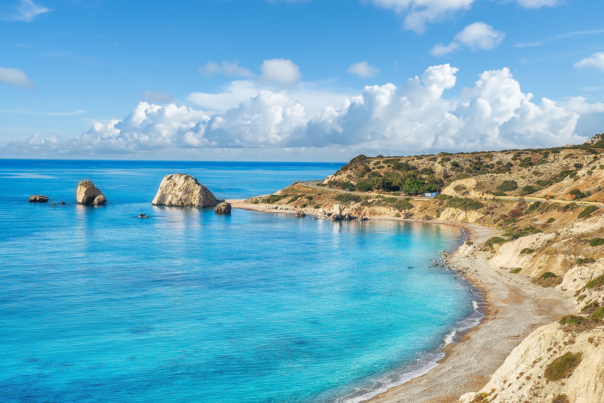 Photo of beautiful landscape with Petra tou Romiou ,Aphrodite's beach and rock in Pafos, Cyprus.
