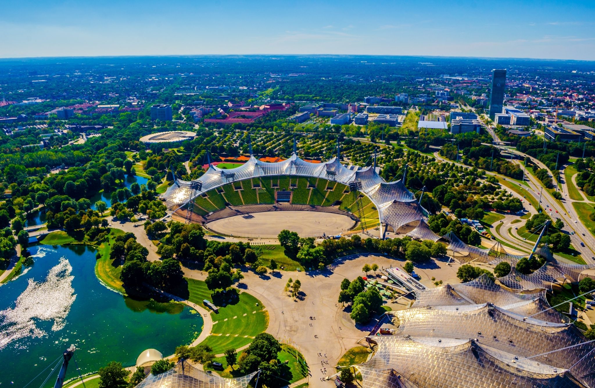 Photo of aerial view of Olympiapark in German city Munich which hosted olympic games at 1972.