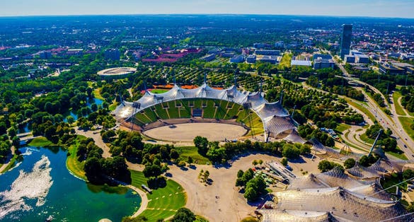 Photo of aerial view of Olympiapark in German city Munich which hosted olympic games at 1972.