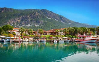 Photo of Marmaris marina with yachts aerial panoramic view in Turkey.
