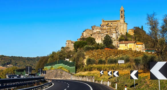 Beautiful view of church of Baschi town in Terni Italy at sunrise