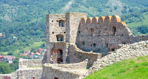 Devin Castle on the background of the hill. Bratislava, Slovakia, Last fortifications built in the 17th century. Located at the confluence of the Danube and Morava rivers