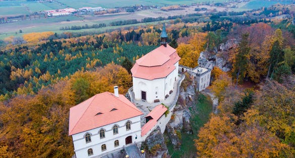 Photo of aerial view of Valdstejn Castle in Bohemian Paradise, Turnov ,Czech Republic.