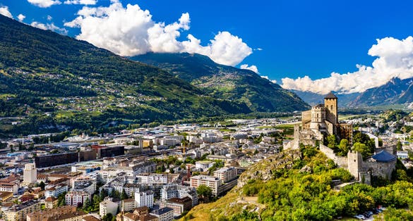 Aerial view of the Valere Basilica in Sion - the canton of Valais, Switzerland