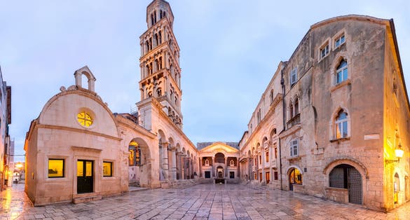 Photo of panoramic view of Saint Domnius Cathedral in Diocletian Palace in Old Town of Split, the second largest city of Croatia.