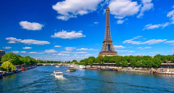 Paris Eiffel Tower and river Seine in Paris, France.