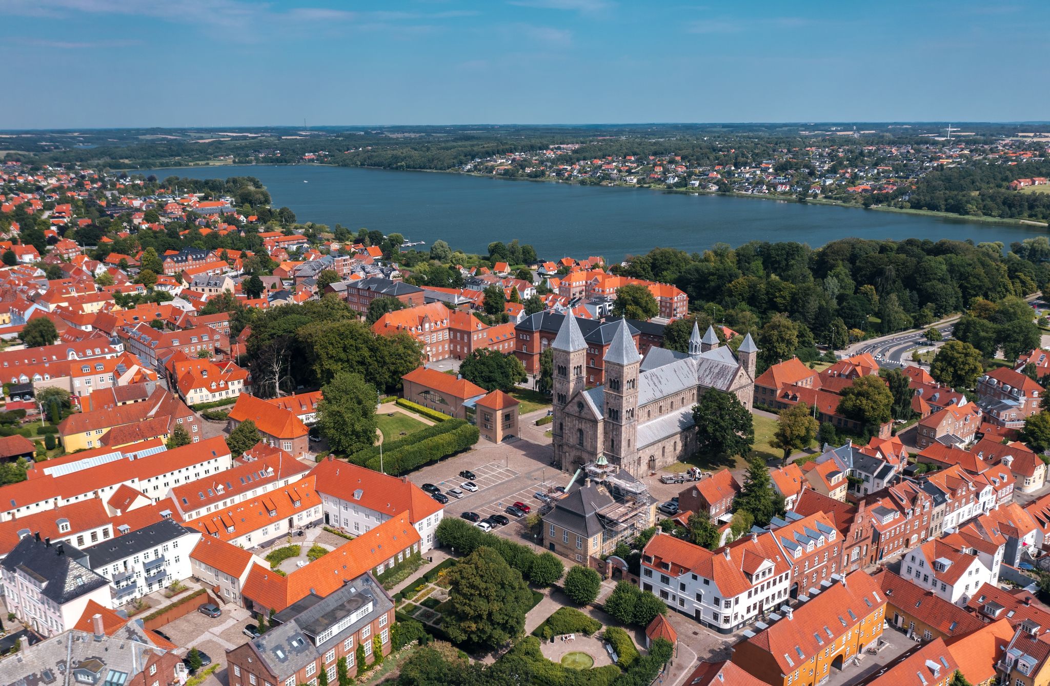 Summer cityscape of Viborg, Midtjylland, Denmark. Aerial skyline view of the old town.