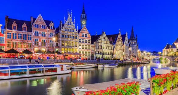 Ghent (Gent), Belgium. Graslei quay and Leie river at twilight.