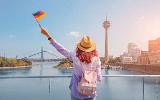 Photo of aerial view of the city ,Rheinturm and Media Harbour district in Dusseldorf city in Germany.