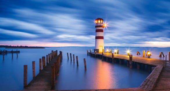 Lighthouse at Lake Neusiedl (Podersdorf am See) at sunset, Burgenland, Austria