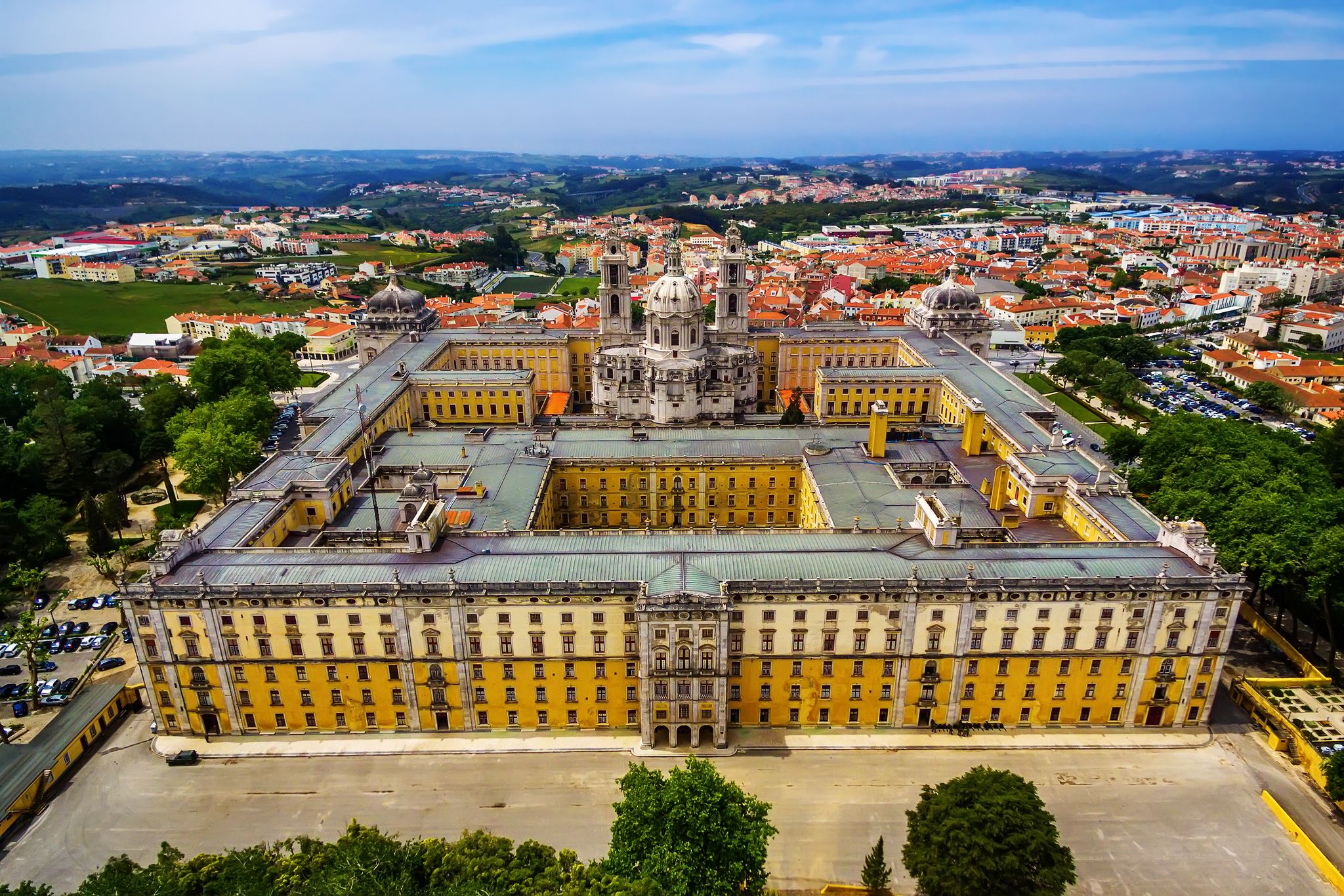 Portugal: aerial top view of the Royal Convent and Palace of Mafra, baroque and neoclassical palace – monastery next to Lisbon