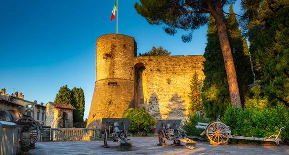 Cannon at the castle in Bergamo at sunrise, Italy.
