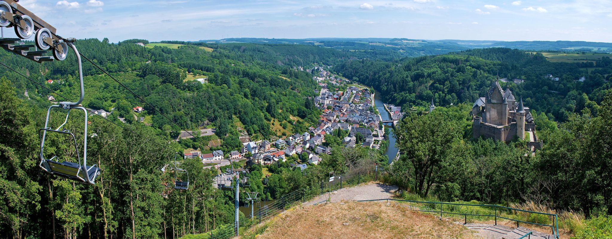 View of Vianden with cable car, Grand Duchy of Luxembourg, panorama