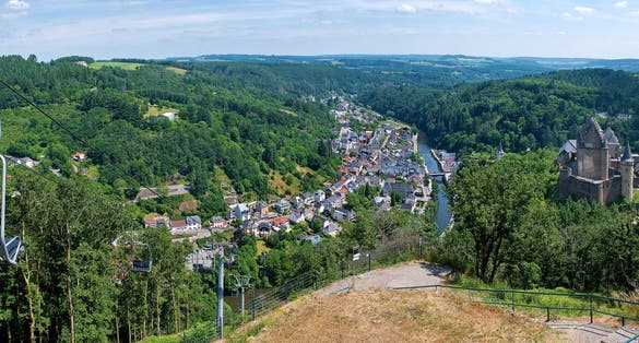 View of Vianden with cable car, Grand Duchy of Luxembourg, panorama