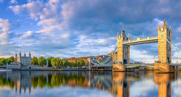 photo of panoramic view at the famous tower bridge of London in Westminster.
