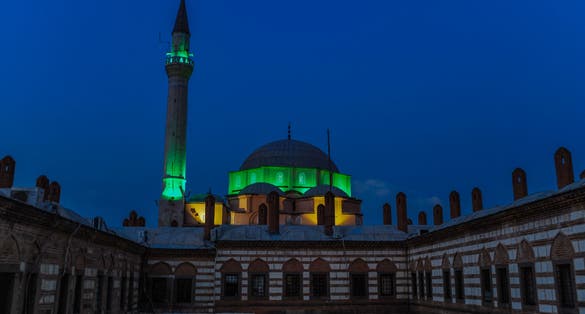 photo of Hisar Mosque at night in Izmir, Turkey.