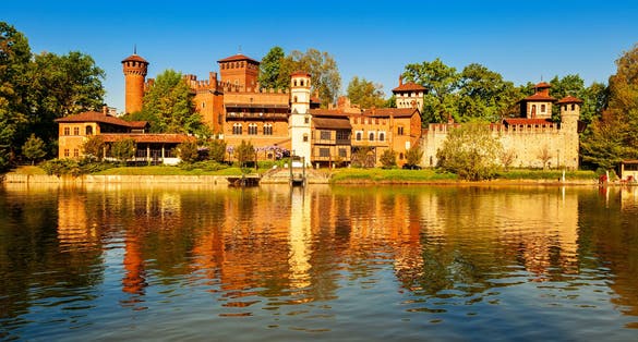 View of antique castle Borgo Medioevale riverside Po, inTurin city, Piedmont region, north Italy.