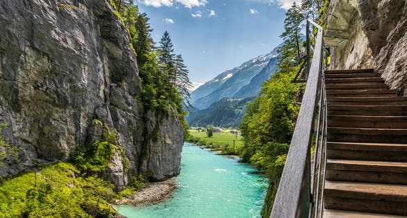 photo of Aare Gorge (Aareschlucht) - section of the river Aare that carves through a limestone ridge near the town of Meiringen ,Switzerland.