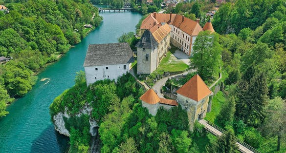 Photo of aerial view of the Old Castle and town Ozalj,built on a cliff over the Kupa river in 13th century, Croatia.