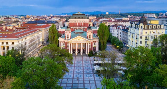 Photo of aerial view of Ivan Vazov Theatre in Sofia, Bulgaria.