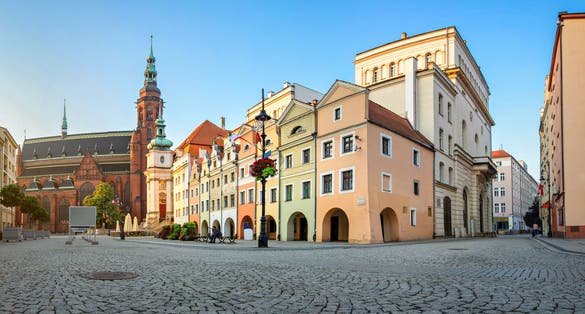 Legnica, Poland. View of Kamienice Sledziowe - a set of historic houses located on market square built in 16th century