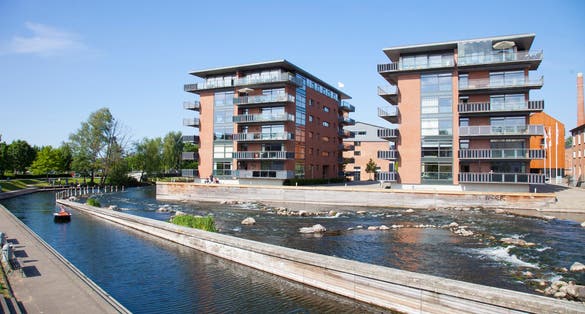 City center in Silkeborg at the river Gudenaa, Denmark