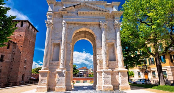 Photo of Arco dei Gavi famous historic landmark in Verona on Adige river view, tourist destination in Veneto region of Italy.