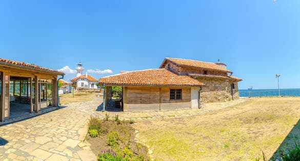 photo of view of small island of saint anastasia is a new tourist attraction in bulgaria near burgas. reconstructed museum, hotel, restaurant and lighthouse are accompanied by small cute beach.,Burgas Bulgaria.