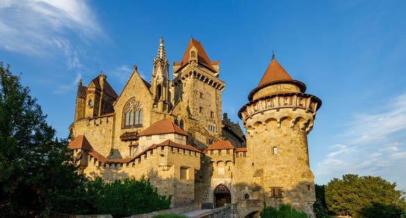Photo of the most beautiful and well preserved medieval castles of Europe - Kreuzenstein castle in Austria.