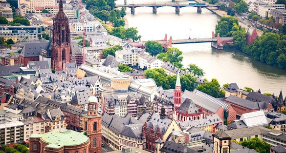 Above view at the Frankfurt old town city center - Romerberg square, St. Bartholomew cathedral and St. Paul church.