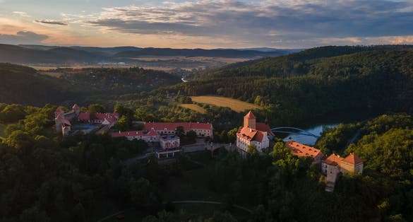 Photo of aerial view of Veveří that is originally a princely and royal castle in Brno in the Czech Republic. 