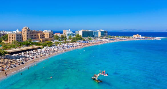 Photo of aerial view of Elli beach on Rhodes island, Dodecanese, Greece, Europe.