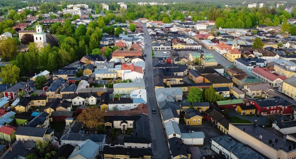Photo of aerial view of old Rauma in Finland.