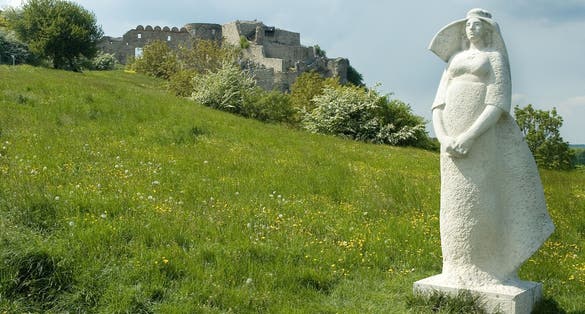 devin castle near bratislava, white woman sculpture in foreground