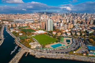 Aerial view from Moda Yogurtcu Park neighborhoods of Kadikoy, a large, populous, and cosmopolitan district in the Asian side of Istanbul, Turkey.