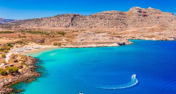 Photo of sea skyview landscape photo of Agia Agathi beach near Feraklos castle on Rhodes island.
