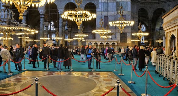 : People visit Hagia Sophia Grand Mosque in Istanbul, Turkey. UNESCO World Heritage Site in Fatih district of Istanbul.