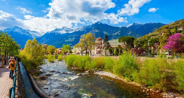River in Merano city centre view. Merano or Meran is a town in South Tyrol province in northern Italy.